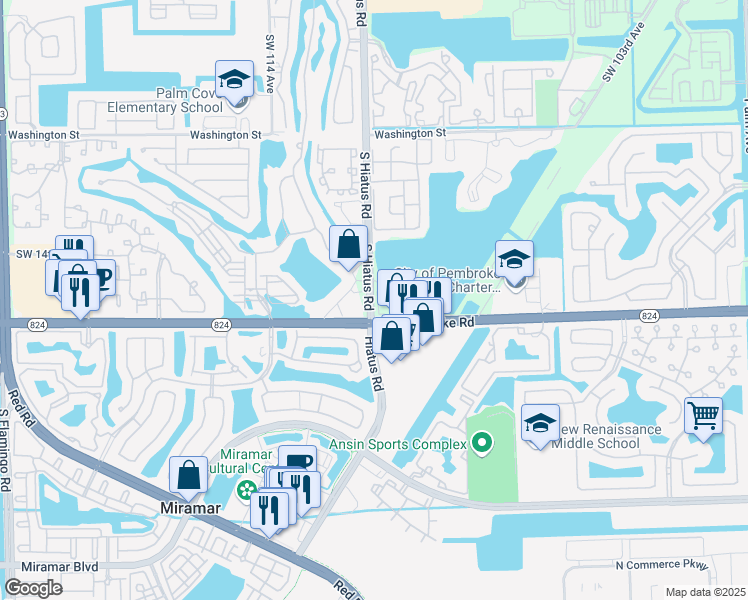 map of restaurants, bars, coffee shops, grocery stores, and more near in Miramar
