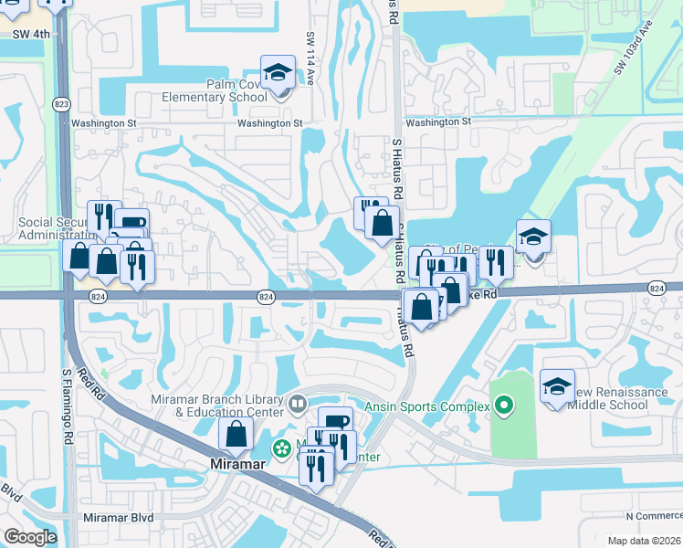map of restaurants, bars, coffee shops, grocery stores, and more near 11389 Southwest 17th Court in Miramar
