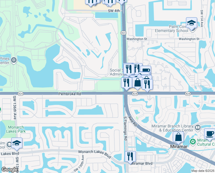 map of restaurants, bars, coffee shops, grocery stores, and more near 12651 Southwest 16th Court in Pembroke Pines