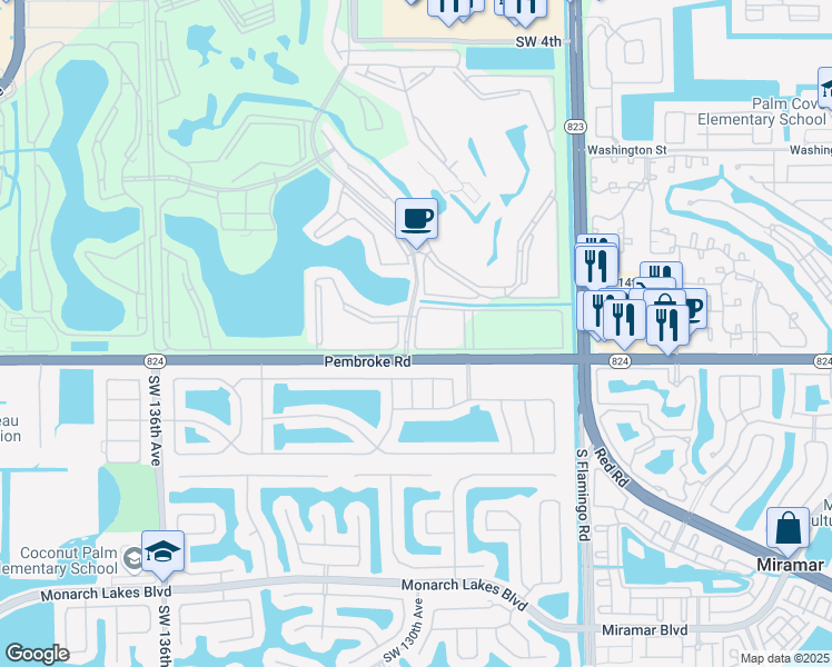 map of restaurants, bars, coffee shops, grocery stores, and more near 12817 Southwest 17th Court in Miramar