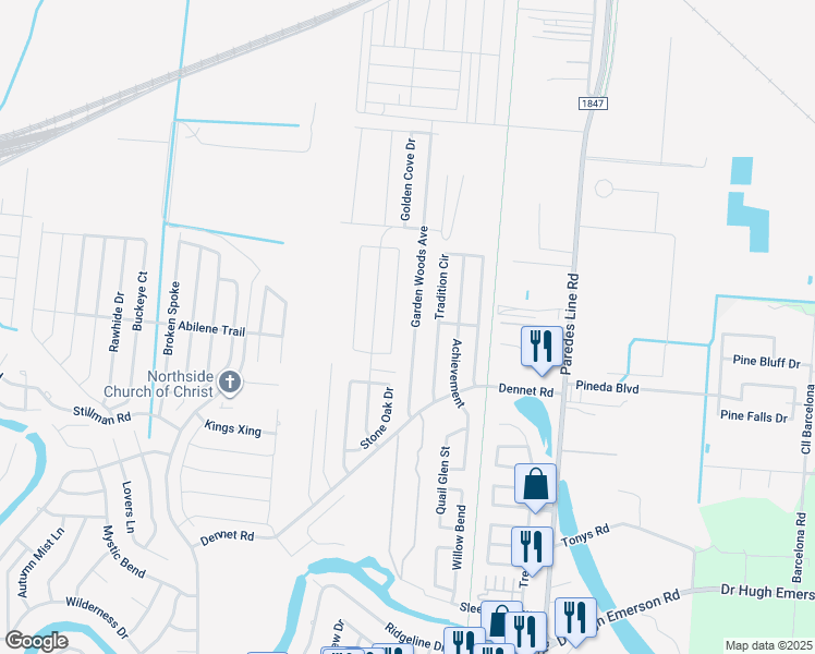 map of restaurants, bars, coffee shops, grocery stores, and more near 6649 Garden Woods Avenue in Brownsville