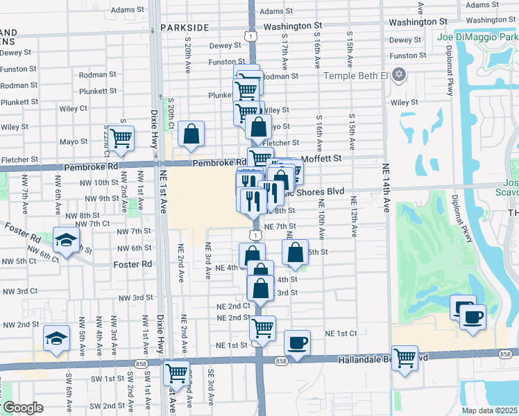 map of restaurants, bars, coffee shops, grocery stores, and more near 615 Northeast 7th Street in Hallandale Beach