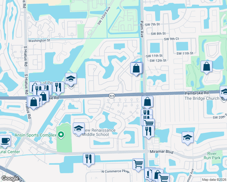 map of restaurants, bars, coffee shops, grocery stores, and more near 1839 Southwest 102nd Way in Miramar