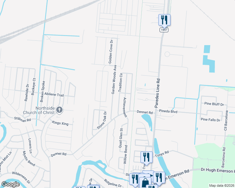map of restaurants, bars, coffee shops, grocery stores, and more near 6539 Tradition Cir in Brownsville