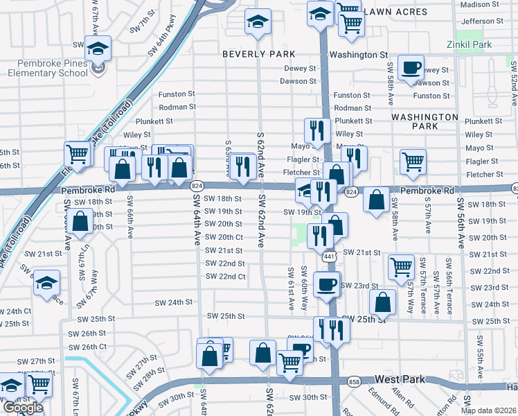 map of restaurants, bars, coffee shops, grocery stores, and more near 6201 Southwest 19th Street in Miramar