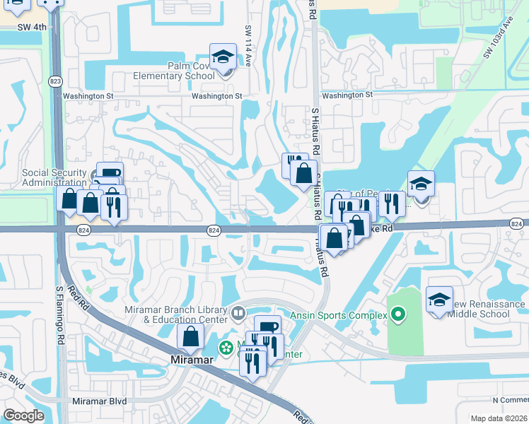 map of restaurants, bars, coffee shops, grocery stores, and more near 11303 Southwest 15th Street in Pembroke Pines