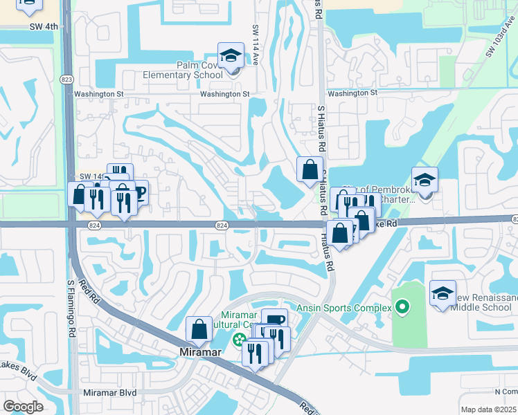 map of restaurants, bars, coffee shops, grocery stores, and more near 11322 Southwest 16th Street in Pembroke Pines