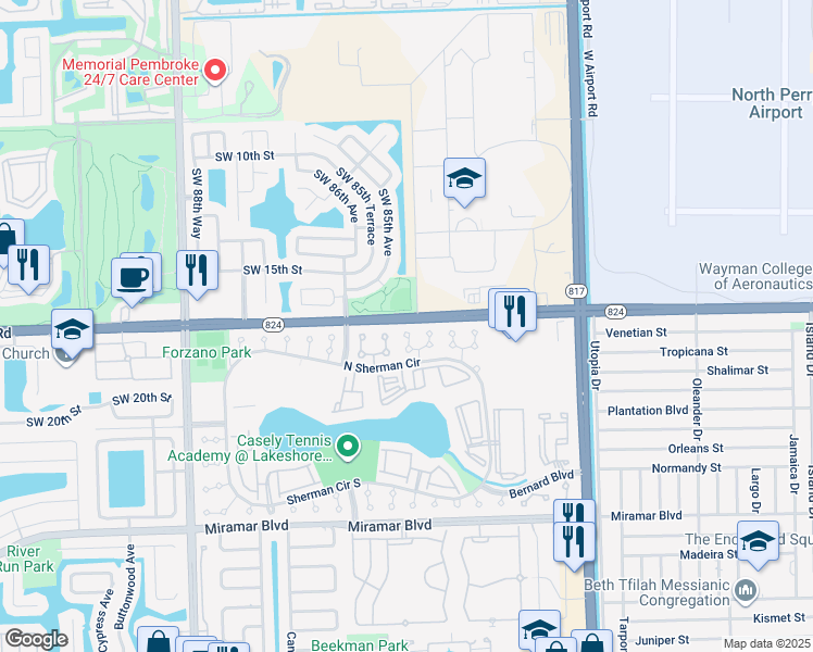 map of restaurants, bars, coffee shops, grocery stores, and more near 1754 Southwest 84th Avenue in Miramar