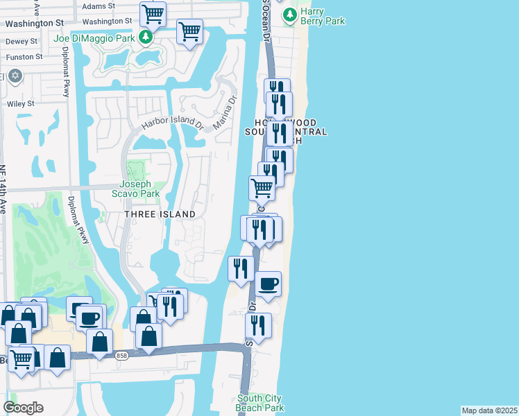 map of restaurants, bars, coffee shops, grocery stores, and more near 3301 South Ocean Drive in Hallandale Beach