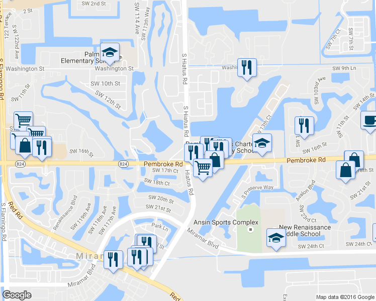map of restaurants, bars, coffee shops, grocery stores, and more near 1699 South Hiatus Road in Pembroke Pines
