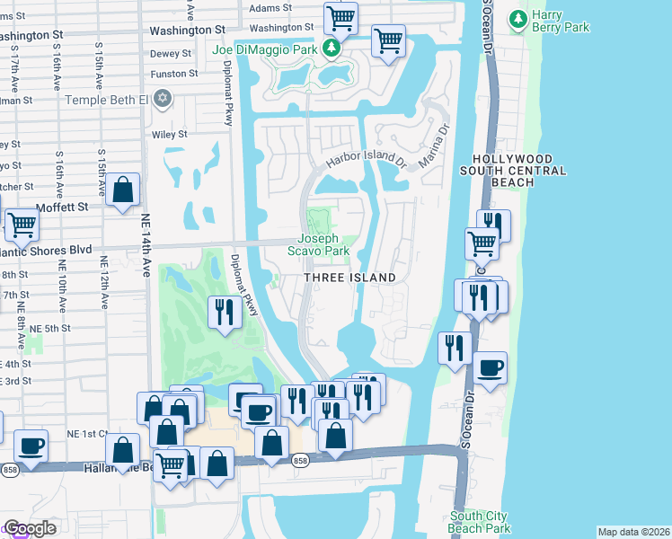 map of restaurants, bars, coffee shops, grocery stores, and more near 2500 Parkview Drive in Hallandale Beach