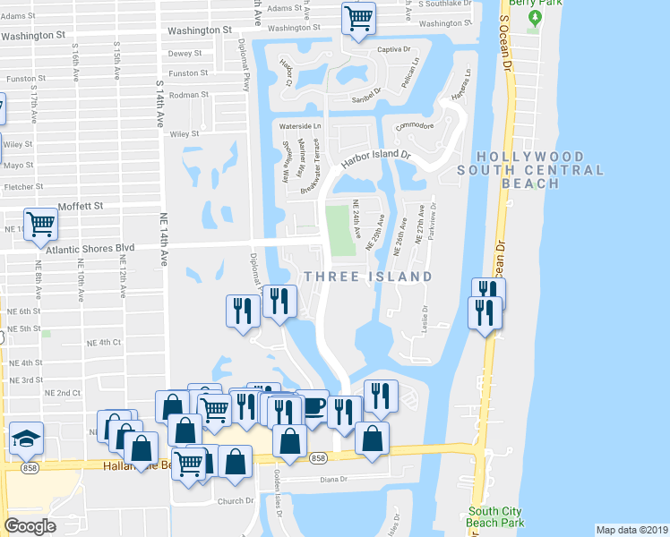 map of restaurants, bars, coffee shops, grocery stores, and more near 851 Three Islands Boulevard in Hallandale Beach