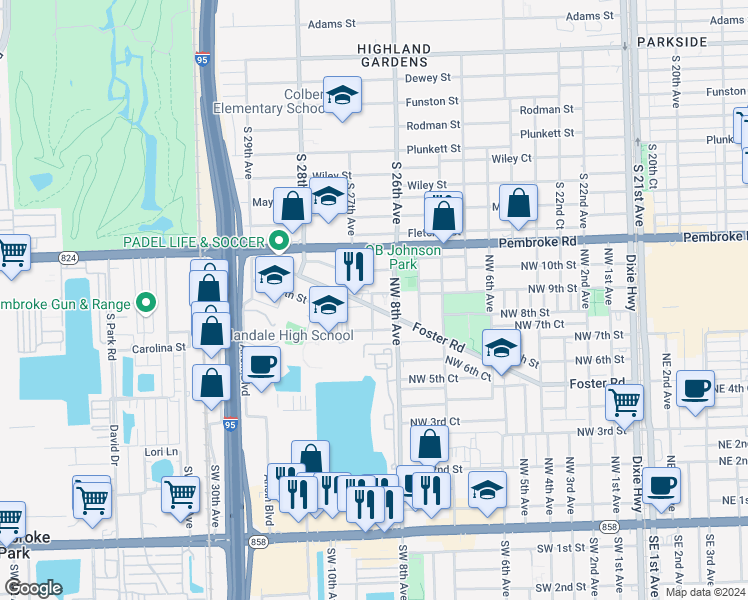map of restaurants, bars, coffee shops, grocery stores, and more near 826 Northwest 7th Street in Hallandale Beach
