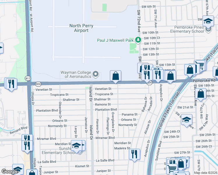 map of restaurants, bars, coffee shops, grocery stores, and more near 7637 Tropicana Street in Miramar