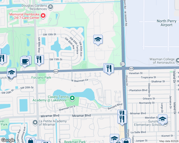 map of restaurants, bars, coffee shops, grocery stores, and more near 1700-1750 Southwest 84th Avenue in Miramar