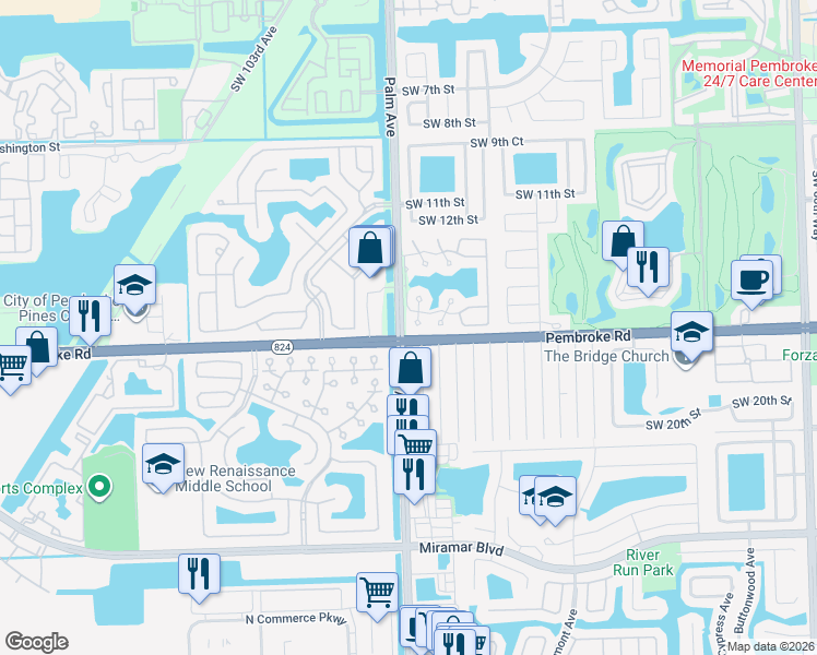map of restaurants, bars, coffee shops, grocery stores, and more near in Miramar