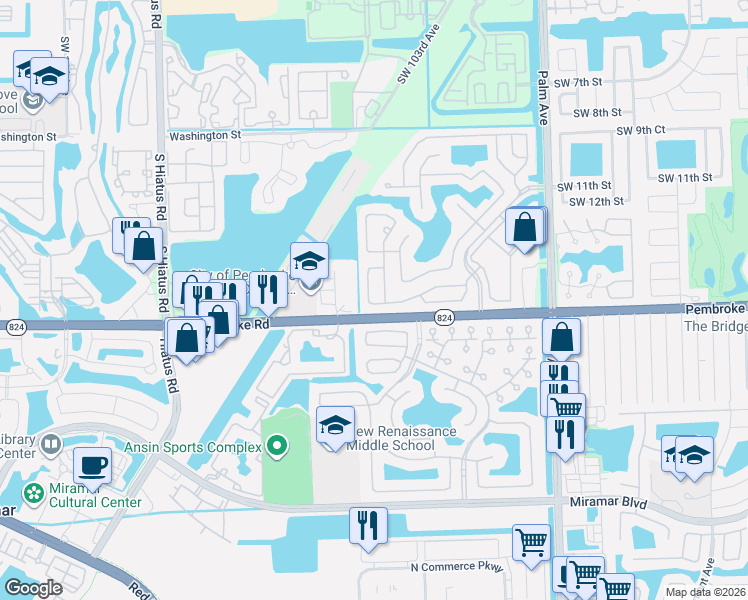 map of restaurants, bars, coffee shops, grocery stores, and more near 10509 Southwest 17th Court in Miramar