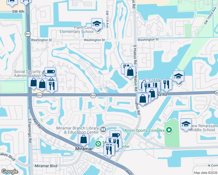 map of restaurants, bars, coffee shops, grocery stores, and more near 11322 Southwest 16th Street in Pembroke Pines