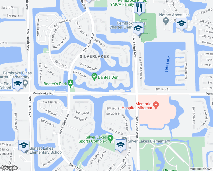 map of restaurants, bars, coffee shops, grocery stores, and more near 1350 Southwest 175th Way in Pembroke Pines