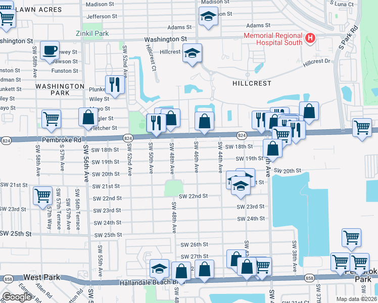 map of restaurants, bars, coffee shops, grocery stores, and more near 4612 Southwest 19th Street in West Park