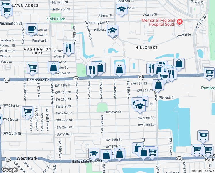 map of restaurants, bars, coffee shops, grocery stores, and more near 4612 Southwest 19th Street in West Park