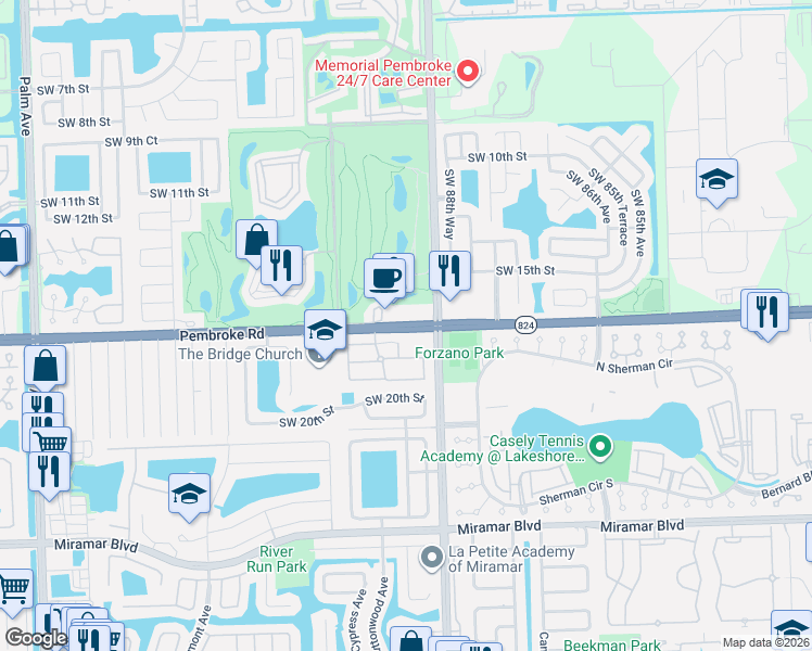 map of restaurants, bars, coffee shops, grocery stores, and more near 1750 Southwest 89th Way in Miramar