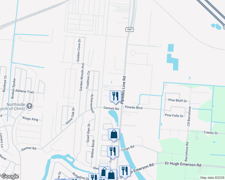 map of restaurants, bars, coffee shops, grocery stores, and more near Brownsville Historic Battlefield Hike and Bike Trail in Brownsville
