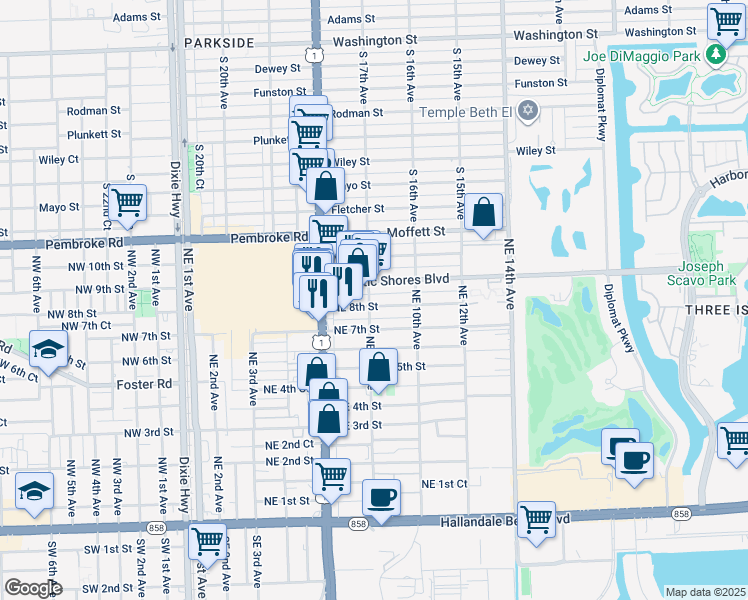 map of restaurants, bars, coffee shops, grocery stores, and more near 801 Northeast 7th Street in Hallandale Beach