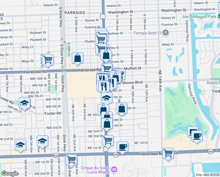 map of restaurants, bars, coffee shops, grocery stores, and more near 615 Northeast 7th Street in Hallandale Beach