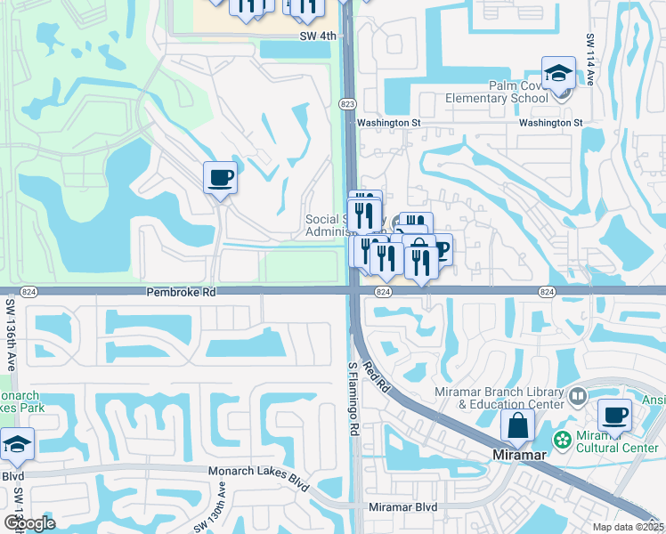 map of restaurants, bars, coffee shops, grocery stores, and more near 12551 Southwest 16th Court in Pembroke Pines