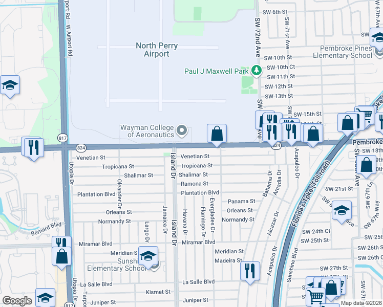 map of restaurants, bars, coffee shops, grocery stores, and more near 7491 South Airport Road in Pembroke Pines
