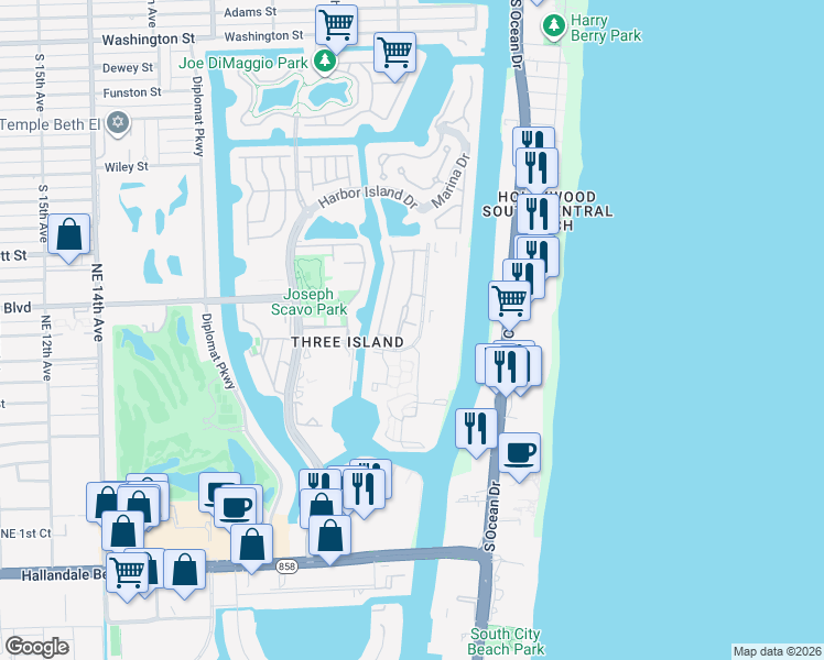 map of restaurants, bars, coffee shops, grocery stores, and more near 814 Northeast 27th Avenue in Hallandale Beach