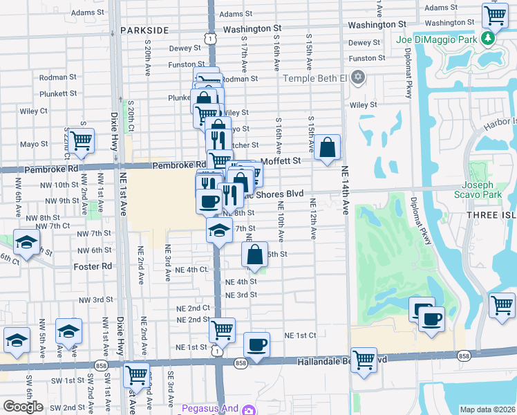 map of restaurants, bars, coffee shops, grocery stores, and more near in Hallandale Beach