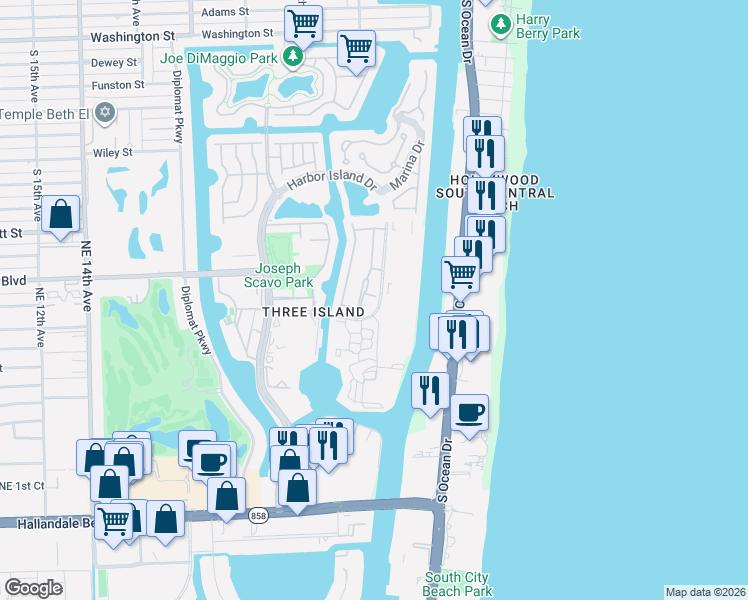 map of restaurants, bars, coffee shops, grocery stores, and more near 814 Northeast 27th Avenue in Hallandale Beach