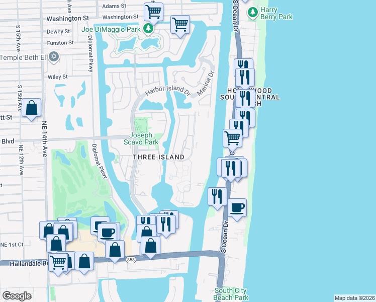 map of restaurants, bars, coffee shops, grocery stores, and more near 814 Northeast 27th Avenue in Hallandale Beach