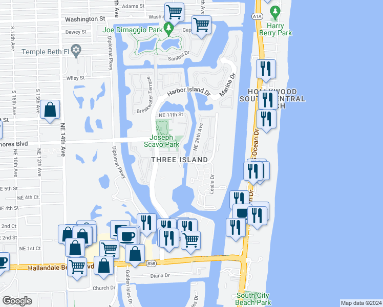 map of restaurants, bars, coffee shops, grocery stores, and more near 807 Northeast 26th Avenue in Hallandale Beach
