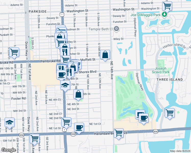 map of restaurants, bars, coffee shops, grocery stores, and more near 1001 Atlantic Shores Boulevard in Hallandale Beach