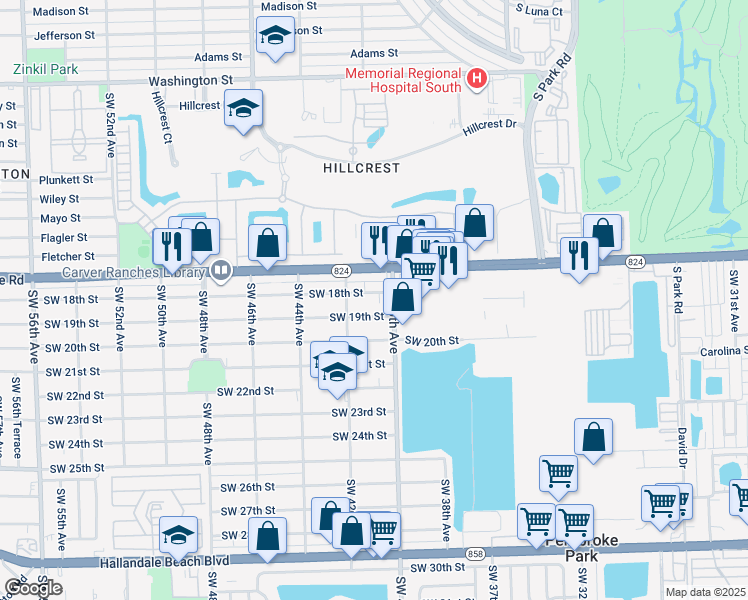 map of restaurants, bars, coffee shops, grocery stores, and more near 4009 Southwest 18th Street in West Park