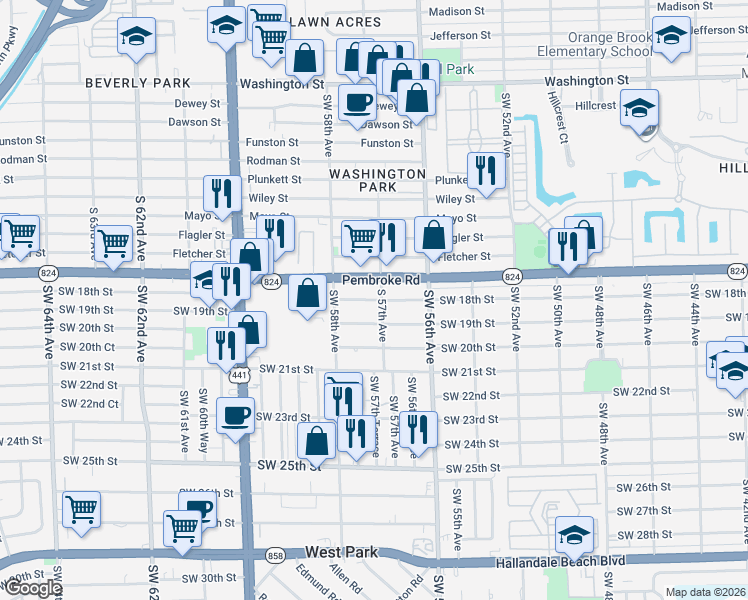 map of restaurants, bars, coffee shops, grocery stores, and more near 5690 Pembroke Road in West Park
