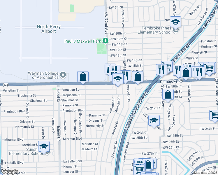 map of restaurants, bars, coffee shops, grocery stores, and more near 7151 Pembroke Road in Pembroke Pines