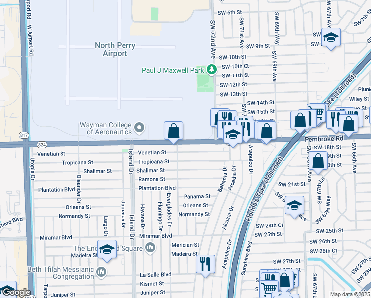map of restaurants, bars, coffee shops, grocery stores, and more near 7201 South Airport Road in Pembroke Pines