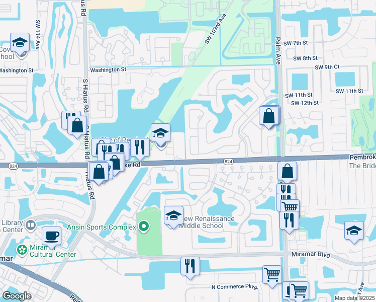map of restaurants, bars, coffee shops, grocery stores, and more near 1484 Southwest 106th Avenue in Pembroke Pines