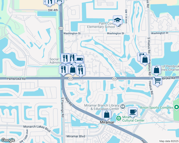 map of restaurants, bars, coffee shops, grocery stores, and more near 12017 Southwest 15th Street in Pembroke Pines
