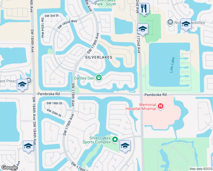 map of restaurants, bars, coffee shops, grocery stores, and more near 17514 Southwest 12th Street in Pembroke Pines
