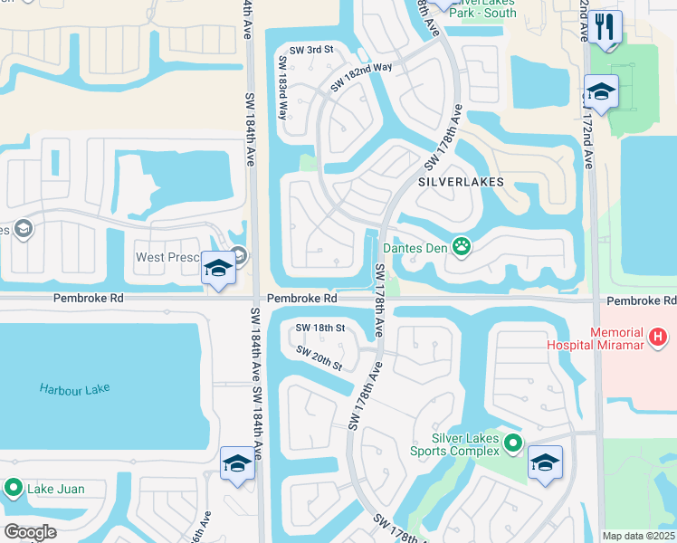 map of restaurants, bars, coffee shops, grocery stores, and more near 1322 Southwest 178th Way in Pembroke Pines