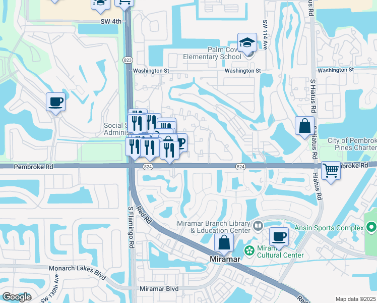 map of restaurants, bars, coffee shops, grocery stores, and more near 12017 Southwest 15th Street in Pembroke Pines