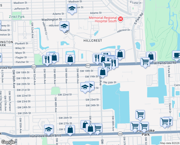 map of restaurants, bars, coffee shops, grocery stores, and more near 4200 Pembroke Road in Hollywood