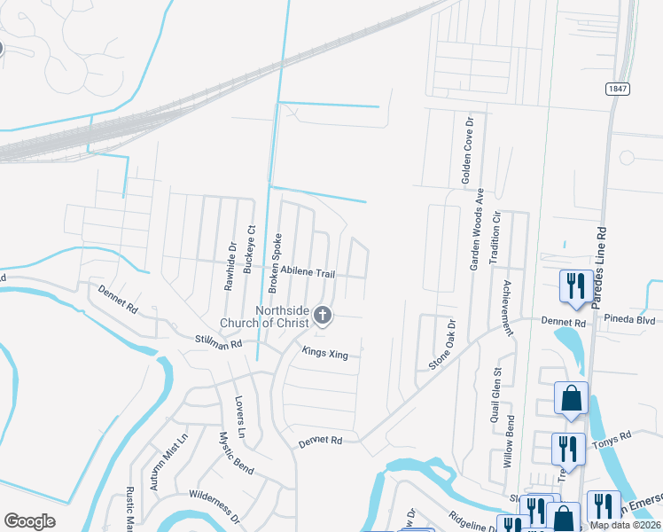 map of restaurants, bars, coffee shops, grocery stores, and more near Stagecoach Trail in Brownsville