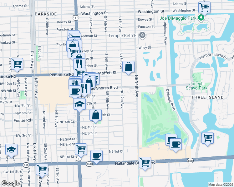 map of restaurants, bars, coffee shops, grocery stores, and more near 1001 Atlantic Shores Boulevard in Hallandale Beach