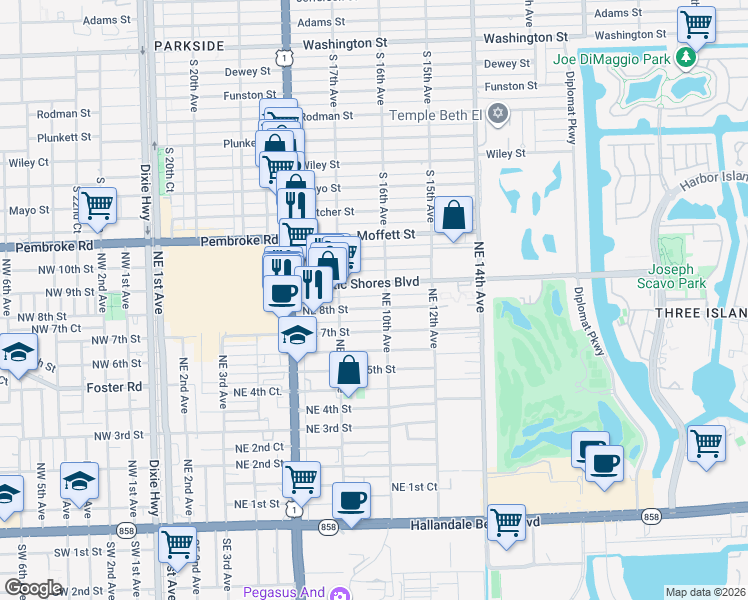 map of restaurants, bars, coffee shops, grocery stores, and more near 915 Northeast 8th Street in Hallandale Beach